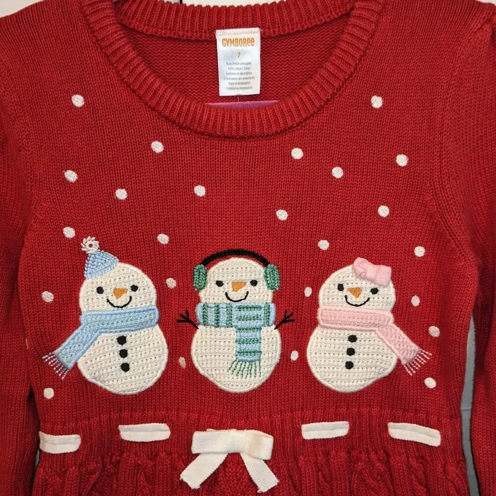 NWT Gymboree Girls 7 Snowman Sweater Dress Red Christmas Crochet Cable Knit